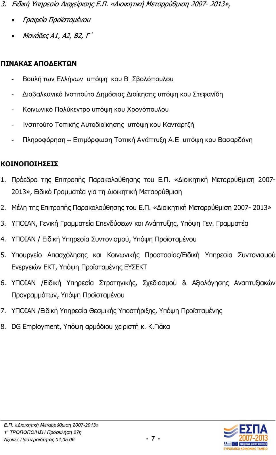 Τοπική Ανάπτυξη Α.Ε. υπόψη κου Βασαρδάνη KΟΙΝΟΠΟΙΗΣΕΙΣ 1. Πρόεδρο της Επιτροπής Παρακολούθησης του Ε.Π. «Διοικητική Μεταρρύθμιση 2007-2013», Ειδικό Γραμματέα για τη Διοικητική Μεταρρύθμιση 2.
