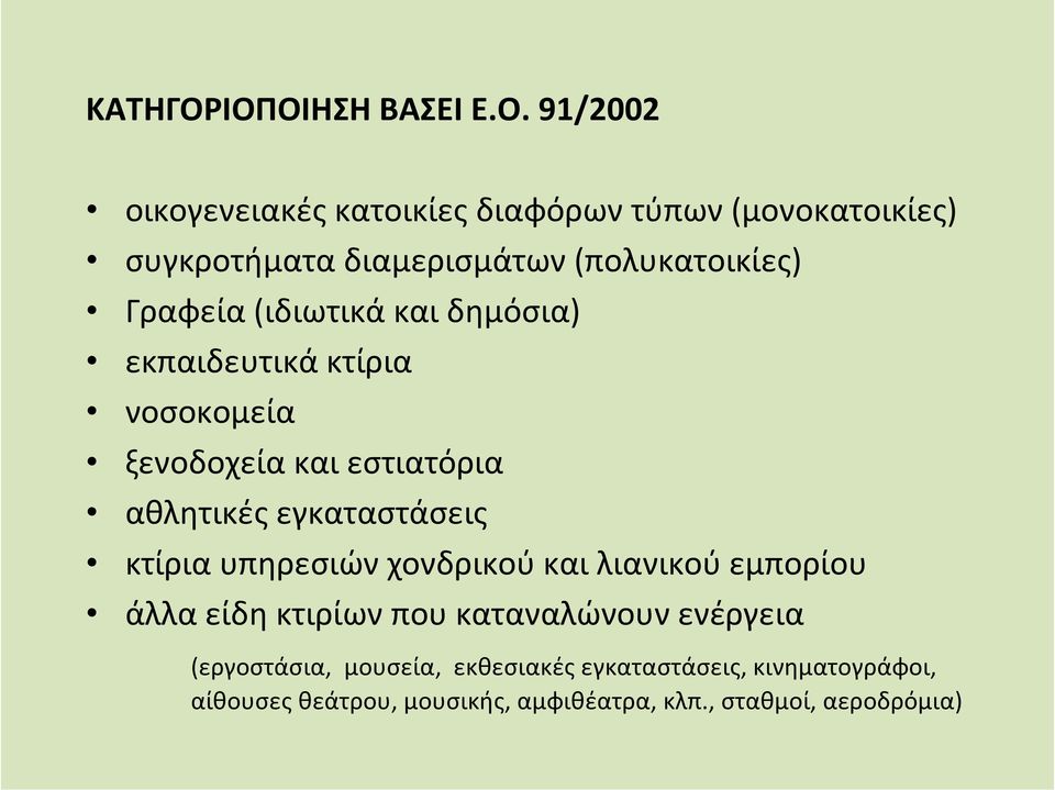 διαμερισμάτων(πολυκατοικίες) Γραφεία(ιδιωτικά και δημόσια) εκπαιδευτικά κτίρια νοσοκομεία ξενοδοχεία και εστιατόρια