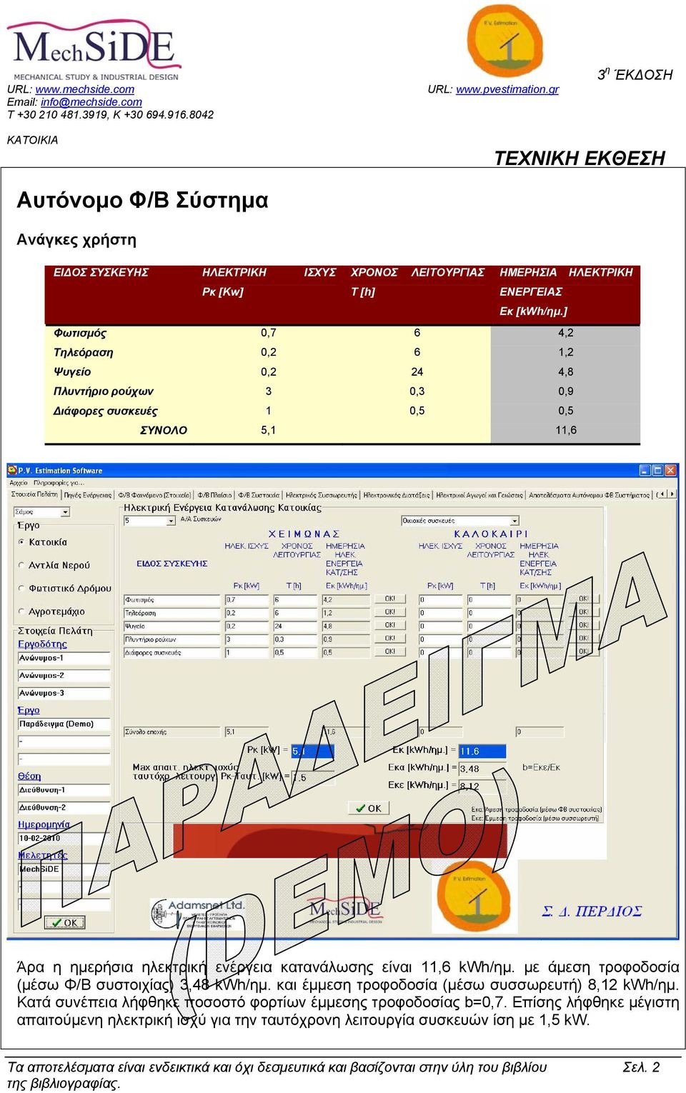 είναι 11,6 kwh/ηµ. µε άµεση τροφοδοσία (µέσω Φ/Β συστοιχίας) 3,48 kwh/ηµ. και έµµεση τροφοδοσία (µέσω συσσωρευτή) 8,12 kwh/ηµ.