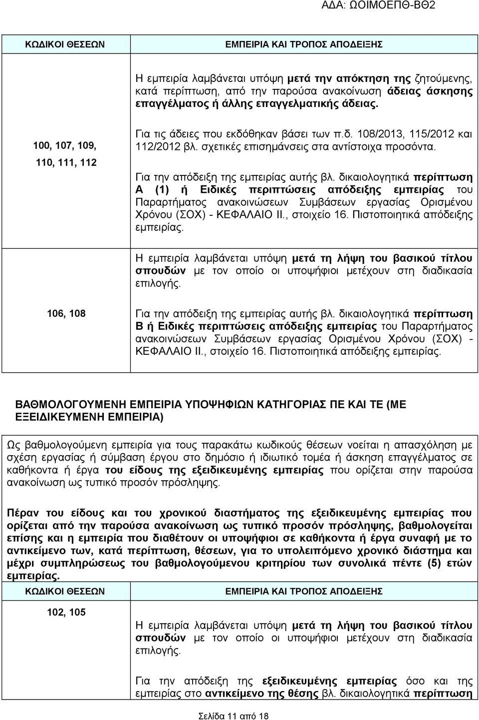 Για την απόδειξη της εμπειρίας αυτής βλ. δικαιολογητικά περίπτωση Α (1) ή Ειδικές περιπτώσεις απόδειξης εμπειρίας του Παραρτήματος ανακοινώσεων Συμβάσεων εργασίας Ορισμένου Χρόνου (ΣΟΧ) - ΚΕΦΑΛΑΙΟ IΙ.