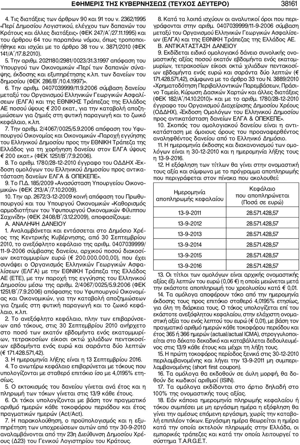 λπ. των δανείων του δημοσίου (ΦΕΚ 286/Β /10.4.1997)». 6. Την αριθμ. 0407039999/11.9.2006 σύμβαση δανείου μεταξύ του Οργανισμού Ελληνικών Γεωργικών Ασφαλί σεων (ΕΛΓΑ) και της ΕΘΝΙΚΗΣ Τράπεζας της Ελλάδος ΑΕ ποσού ύψους 200 εκατ.