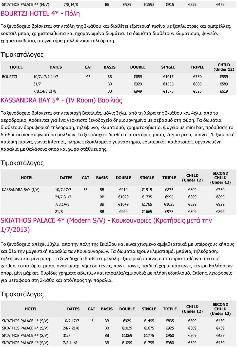 BOURTZI 10/7,17/7,24/7 4* BB 859 1415 750 559 31/7 BB 929 1555 805 589 7/8,14/8,21/8 BB 949 1575 825 619 KASSANDRA BAY 5* - (IV Room) Βασιλιάς Το ξενοδοχείο βρίσκεται στην περιοχή Βασιλιάς, μόλις