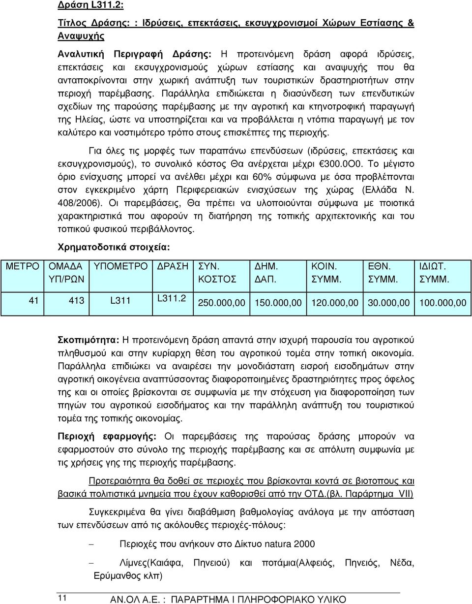 αναψυχής που θα ανταποκρίνονται στην χωρική ανάπτυξη των τουριστικών δραστηριοτήτων στην περιοχή παρέµβασης.