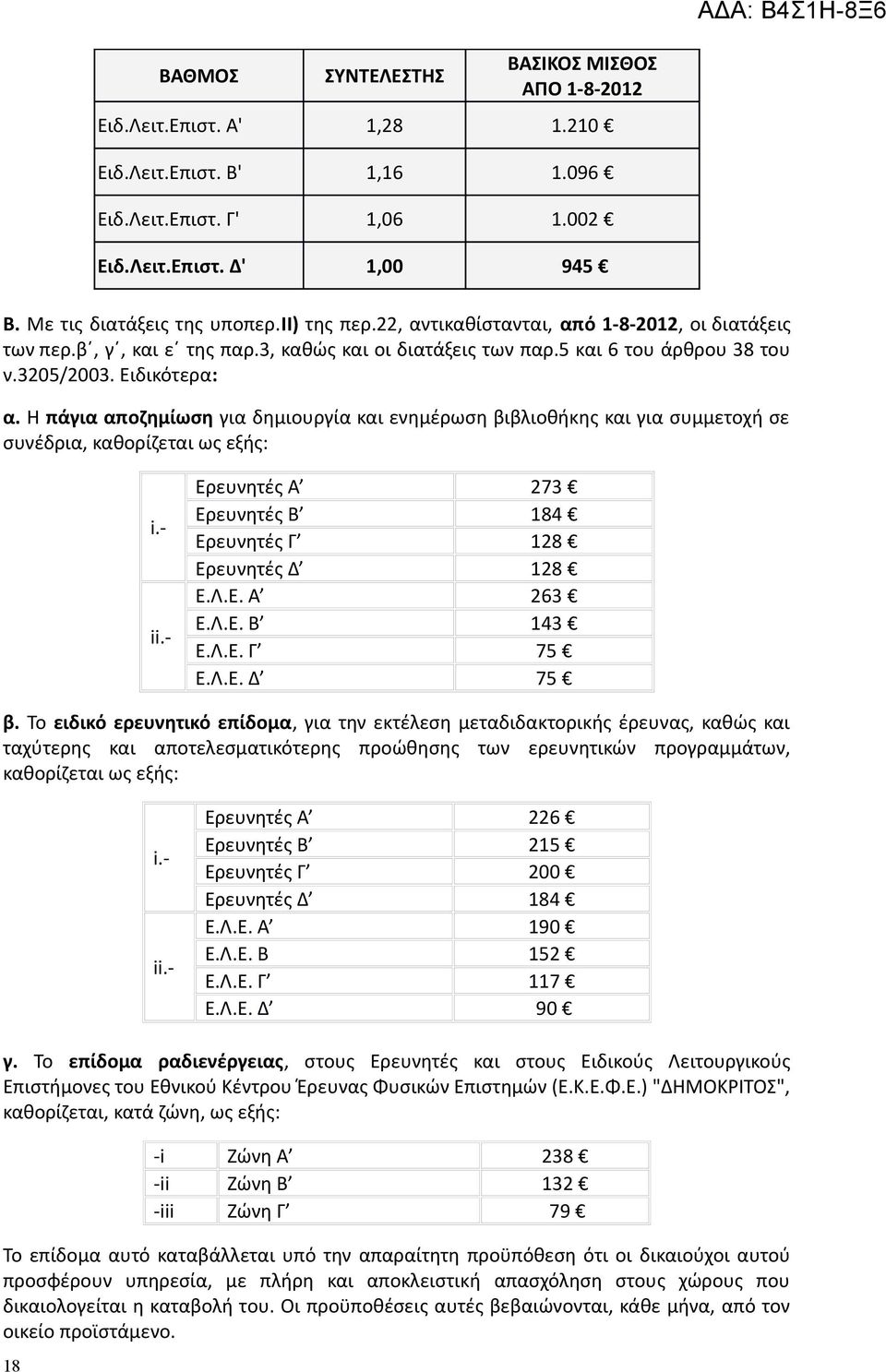 Η πάγια αποζημίωση για δημιουργία και ενημέρωση βιβλιοθήκης και για συμμετοχή σε συνέδρια, καθορίζεται ως εξής: Ερευνητές Α 273 Ερευνητές Β 184 Ερευνητές Γ 128 Ερευνητές Δ 128 Ε.Λ.Ε. Α 263 Ε.Λ.Ε. Β 143 Ε.