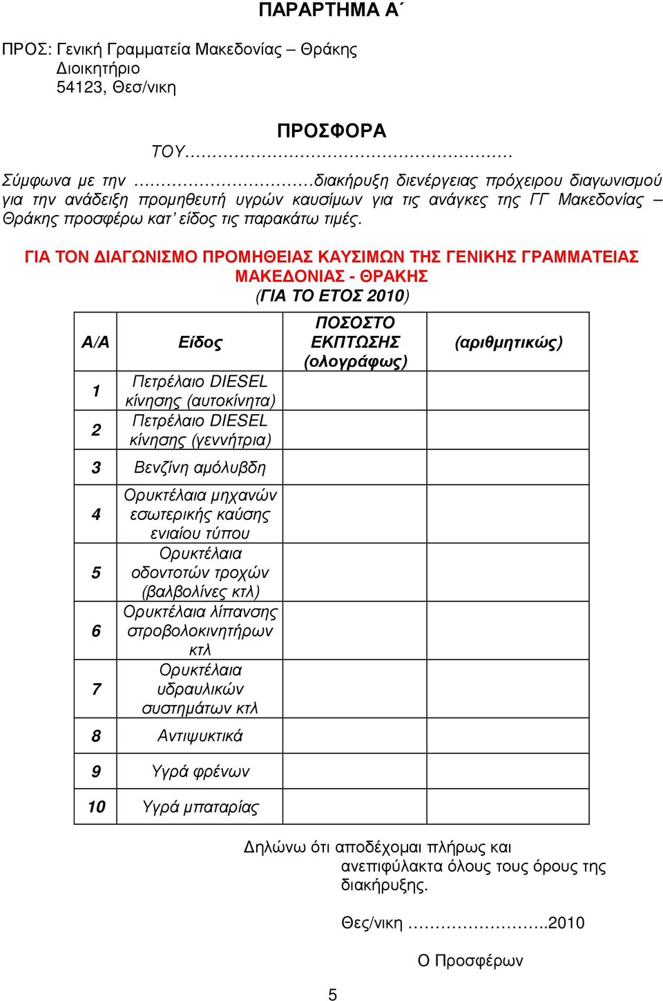 ΓΙΑ ΤΟΝ ΙΑΓΩΝΙΣΜΟ ΠΡΟΜΗΘΕΙΑΣ ΚΑΥΣΙΜΩΝ ΤΗΣ ΓΕΝΙΚΗΣ ΓΡΑΜΜΑΤΕΙΑΣ ΜΑΚΕ ΟΝΙΑΣ - ΘΡΑΚΗΣ (ΓΙΑ ΤΟ ΕΤΟΣ 2010) Α/Α 1 2 Είδος Πετρέλαιο DIESEL κίνησης (αυτοκίνητα) Πετρέλαιο DIESEL κίνησης (γεννήτρια) 3 Βενζίνη