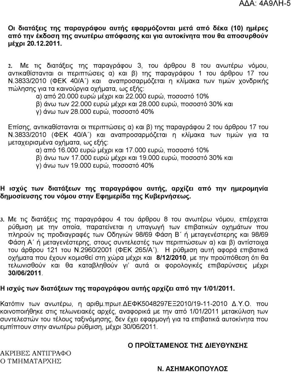 3833/2010 (ΦΕΚ 40/Α ) και αναπροσαρμόζεται η κλίμακα των τιμών χονδρικής πώλησης για τα καινούργια οχήματα, ως εξής: α) από 20.000 ευρώ μέχρι και 22.000 ευρώ, ποσοστό 10% β) άνω των 22.