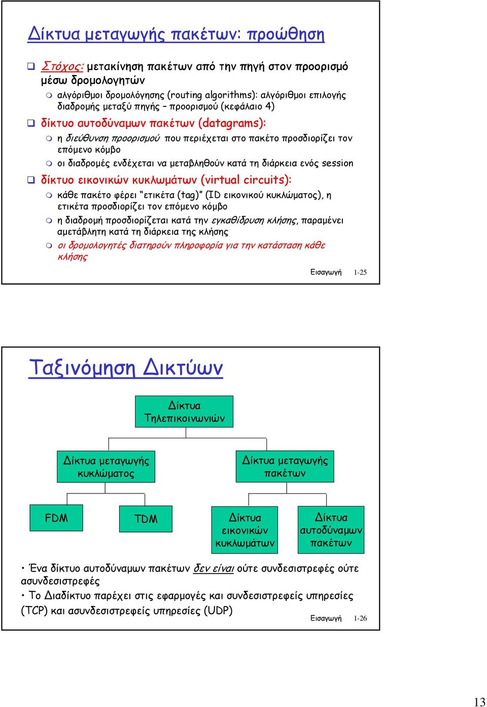ενός session δίκτυο εικονικών κυκλωµάτων (virtual circuits): κάθε πακέτο φέρει ετικέτα (tag) (ID εικονικού κυκλώµατος), η ετικέτα προσδιορίζει τον επόµενο κόµβο η διαδροµή προσδιορίζεται κατά την