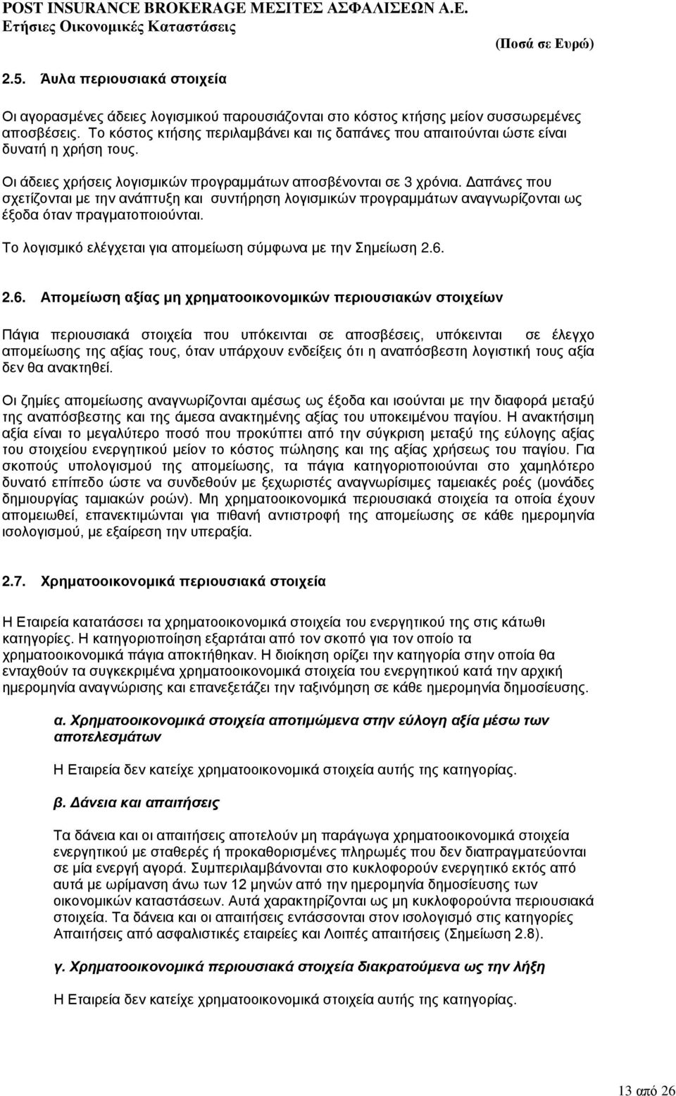 Δαπάνες που σχετίζονται με την ανάπτυξη και συντήρηση λογισμικών προγραμμάτων αναγνωρίζονται ως έξοδα όταν πραγματοποιούνται. Το λογισμικό ελέγχεται για απομείωση σύμφωνα με την Σημείωση 2.6.
