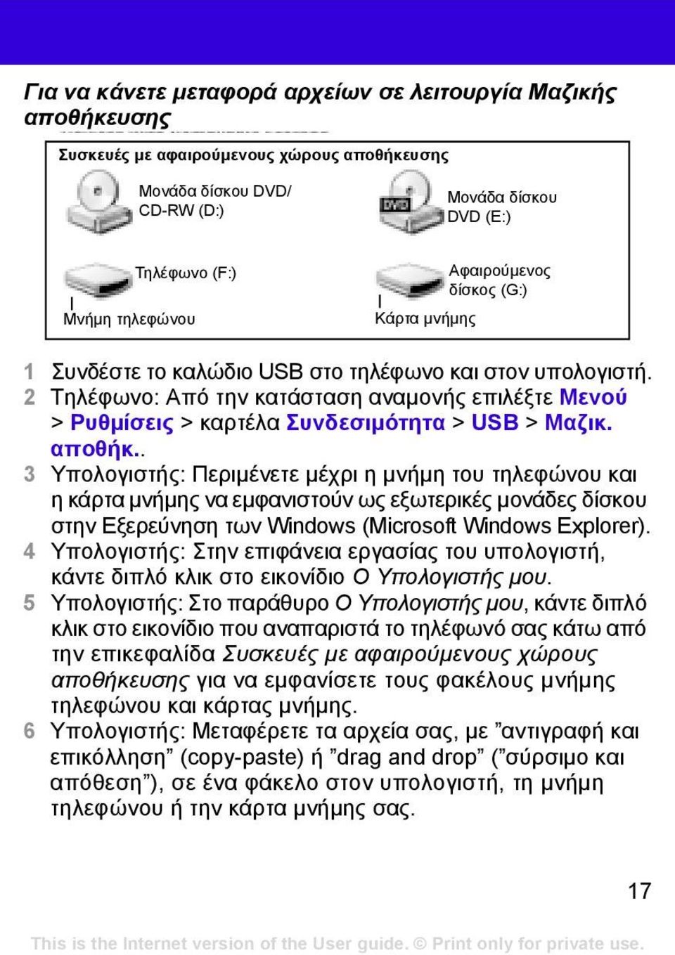 αποθήκ.. 3 Υπολογιστής: Περιµένετε µέχρι η µνήµη του τηλεφώνου και η κάρτα µνήµης να εµφανιστούν ως εξωτερικές µονάδες δίσκου στην Εξερεύνηση των Windows (Microsoft Windows Explorer).