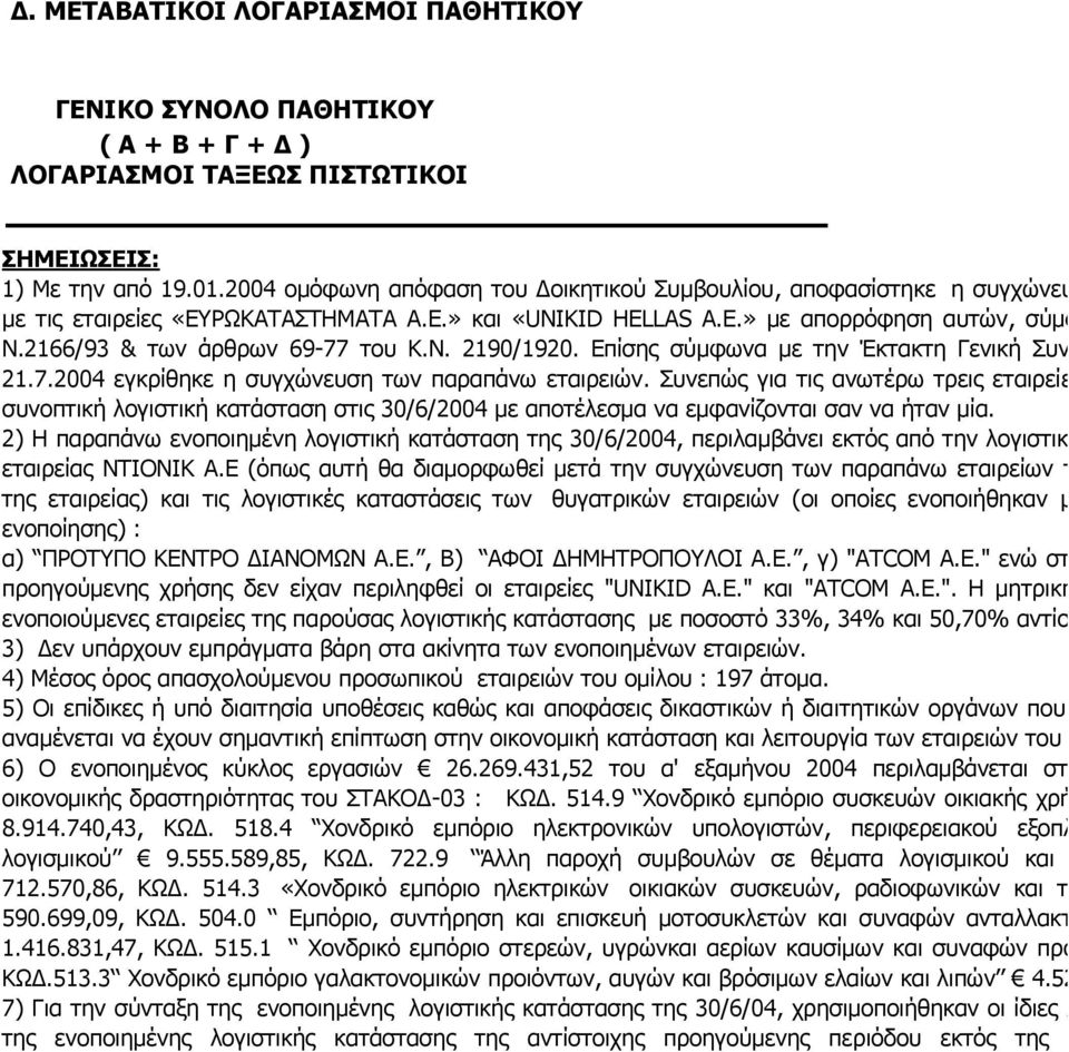 Επίσης σύμφωνα με την Έκτακτη Γενική Συν 21.7.2004 εγκρίθηκε η συγχώνευση των παραπάνω εταιρειών.