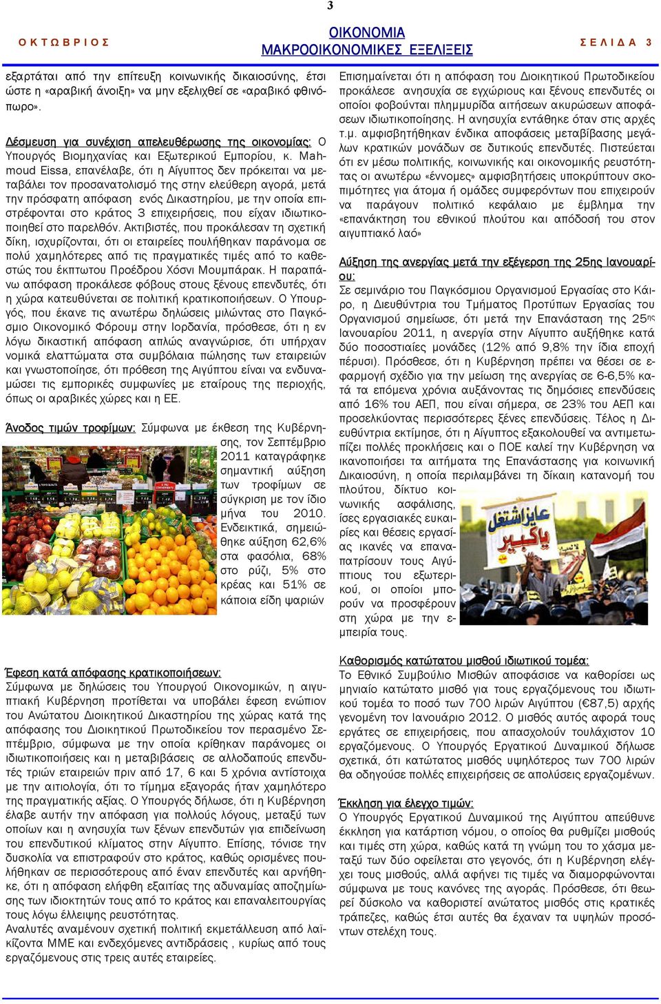Mahmoud Eissa, επανέλαβε, ότι η Αίγυπτος δεν πρόκειται να µεταβάλει τον προσανατολισµό της στην ελεύθερη αγορά, µετά την πρόσφατη απόφαση ενός ικαστηρίου, µε την οποία επιστρέφονται στο κράτος 3