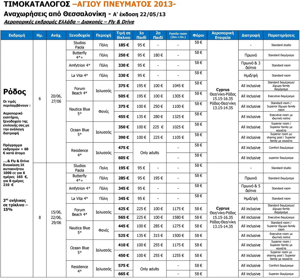 ) Πόλη 185 95 Πόλη 250 95 180 Amfytrion Πόλη 330 95 La Vita Πόλη 330 95 Φόροι Εταιρεία Διατροφή Παρατηρήσεις Standard studio & 3 δείπνα Standard διαμέρισμα Ρόδος Oι τιμές περιλαμβάνουν : Αεροπορικό