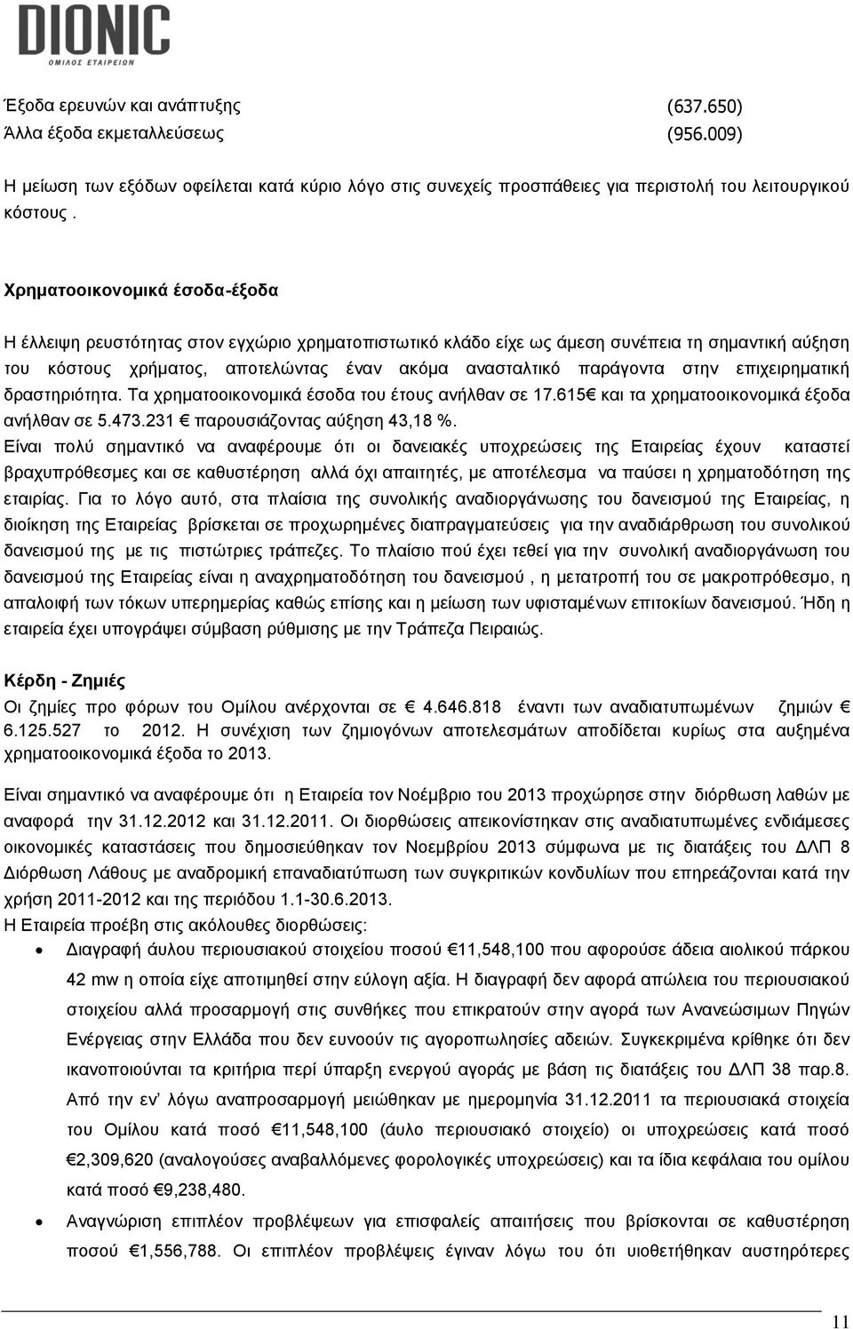 στην επιχειρηματική δραστηριότητα. Τα χρηματοοικονομικά έσοδα του έτους ανήλθαν σε 17.615 και τα χρηματοοικονομικά έξοδα ανήλθαν σε 5.473.231 παρουσιάζοντας αύξηση 43,18 %.