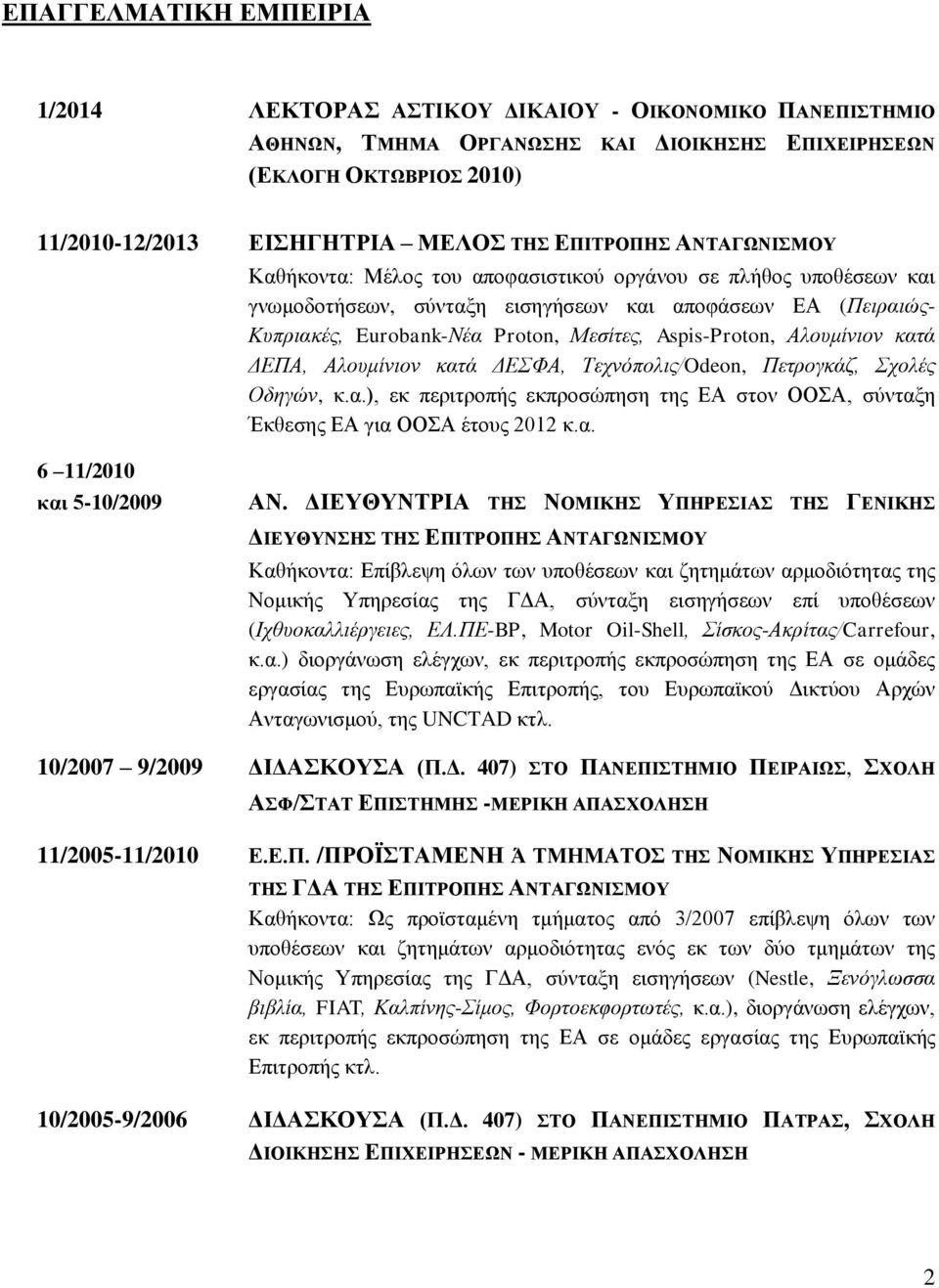 Aspis-Proton, Αλουμίνιον κατά ΔΕΠΑ, Αλουμίνιον κατά ΔΕΣΦΑ, Τεχνόπολις/Odeon, Πετρογκάζ, Σχολές Οδηγών, κ.α.), εκ περιτροπής εκπροσώπηση της ΕΑ στον ΟΟΣΑ, σύνταξη Έκθεσης ΕΑ για ΟΟΣΑ έτους 2012 κ.α. 6 11/2010 και 5-10/2009 ΑΝ.