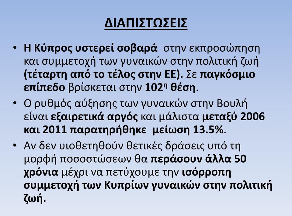 Ο ρυθμός αύξησης των γυναικών στην Βουλή είναι εξαιρετικά αργός και μάλιστα μεταξύ 2006 και 2011 παρατηρήθηκε μείωση