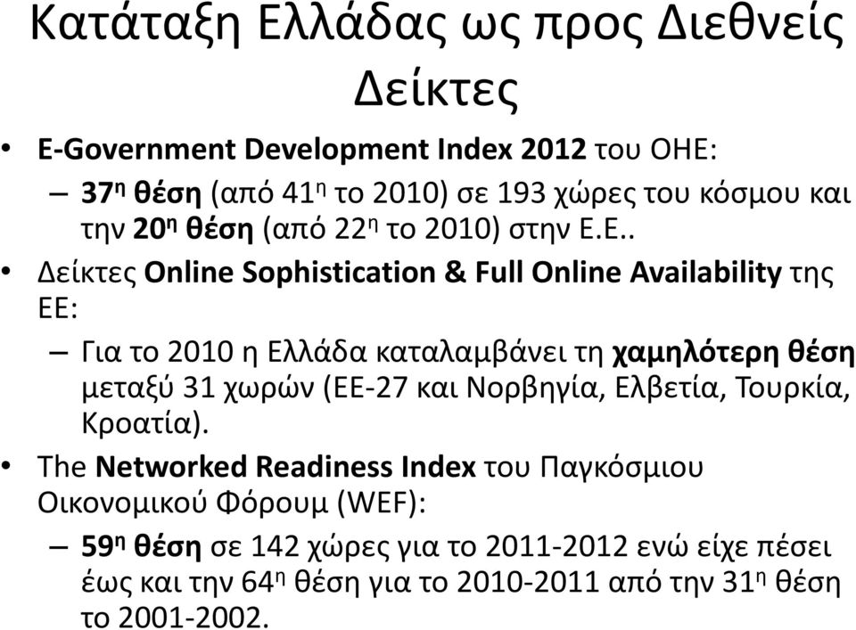 Ε.. Δείκτεσ Online Sophistication & Full Online Availability τθσ ΕΕ: Για το 2010 θ Ελλάδα καταλαμβάνει τθ χαμθλότερθ κζςθ μεταξφ 31 χωρϊν