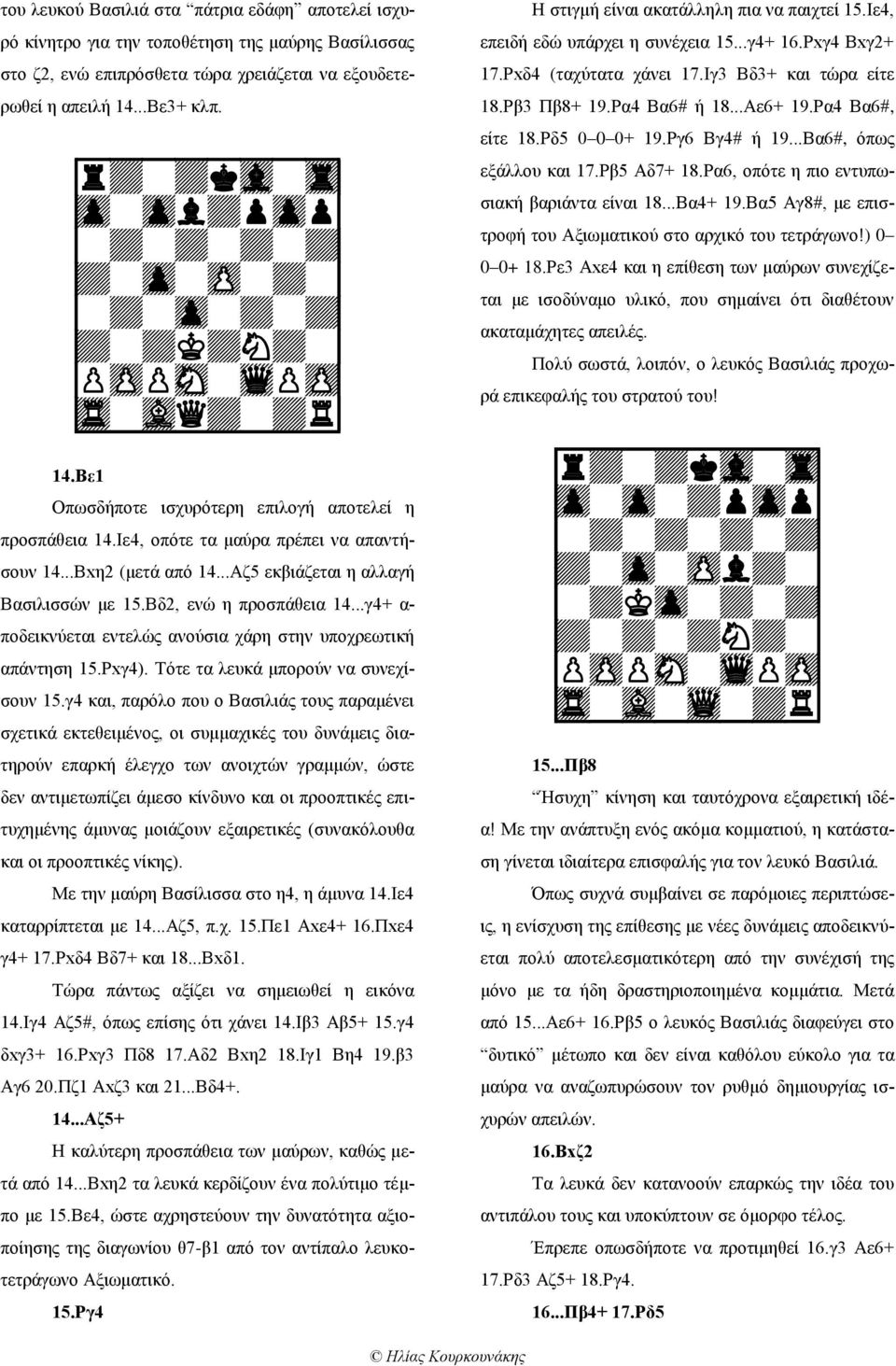 ..Αζ5 εκβιάζεται η αλλαγή Βασιλισσών με 15.Βδ2, ενώ η προσπάθεια 14...γ4+ α- ποδεικνύεται εντελώς ανούσια χάρη στην υποχρεωτική απάντηση 15.Ρxγ4). Τότε τα λευκά μπορούν να συνεχίσουν 15.