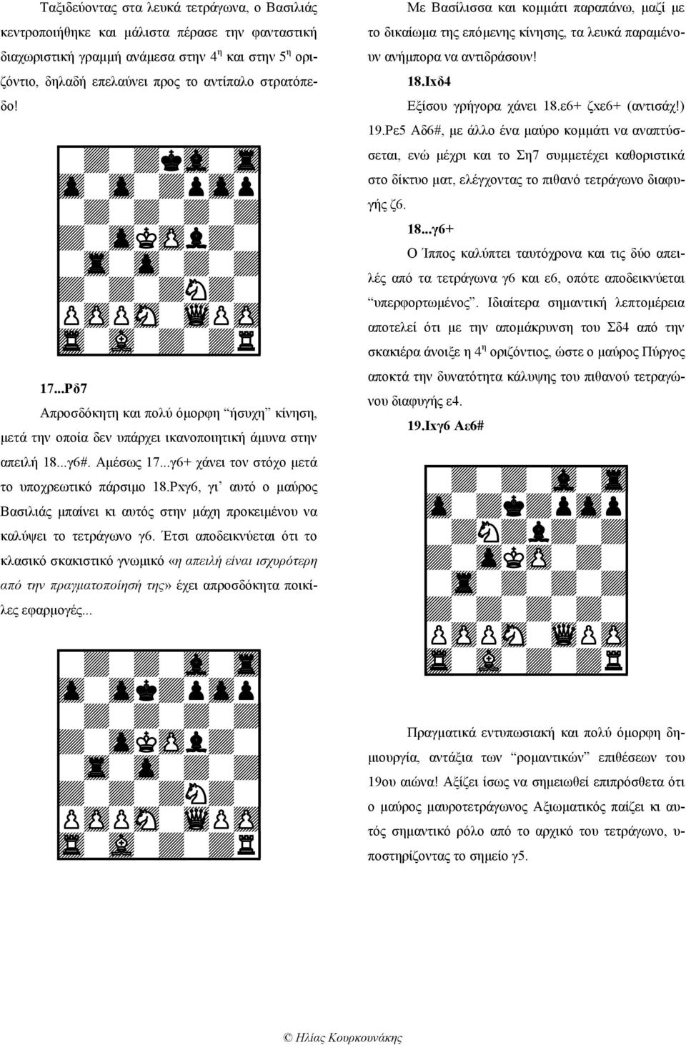 ..γ6+ χάνει τον στόχο μετά το υποχρεωτικό πάρσιμο 18.Ρxγ6, γι αυτό ο μαύρος Βασιλιάς μπαίνει κι αυτός στην μάχη προκειμένου να καλύψει το τετράγωνο γ6.