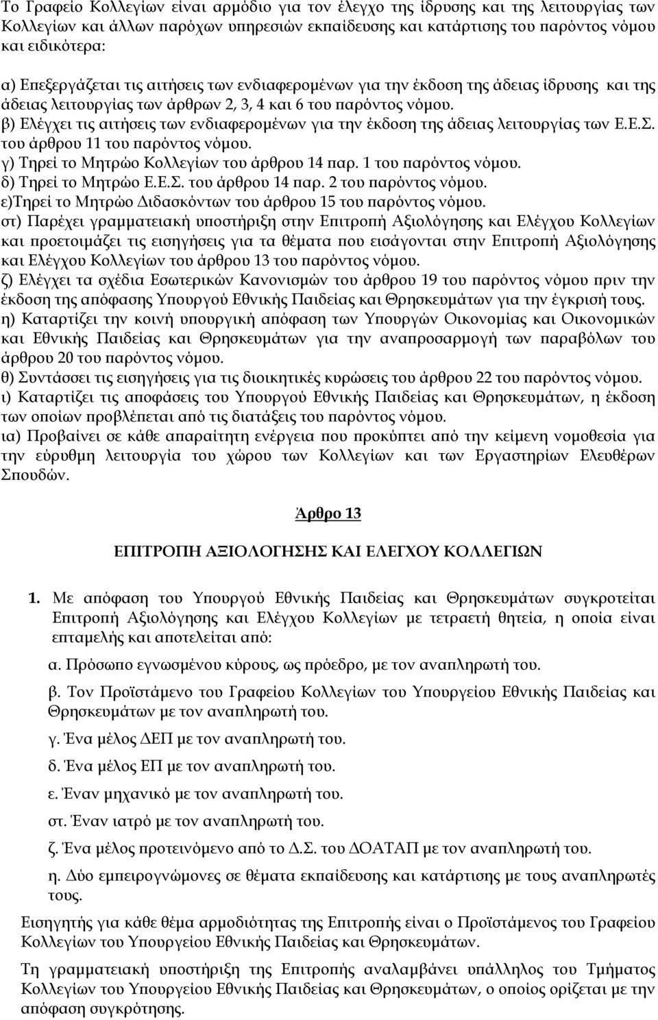 β) Ελέγχει τις αιτήσεις των ενδιαφερομένων για την έκδοση της άδειας λειτουργίας των Ε.Ε.Σ. του άρθρου 11 του παρόντος νόμου. γ) Τηρεί το Μητρώο Κολλεγίων του άρθρου 14 παρ. 1 του παρόντος νόμου.