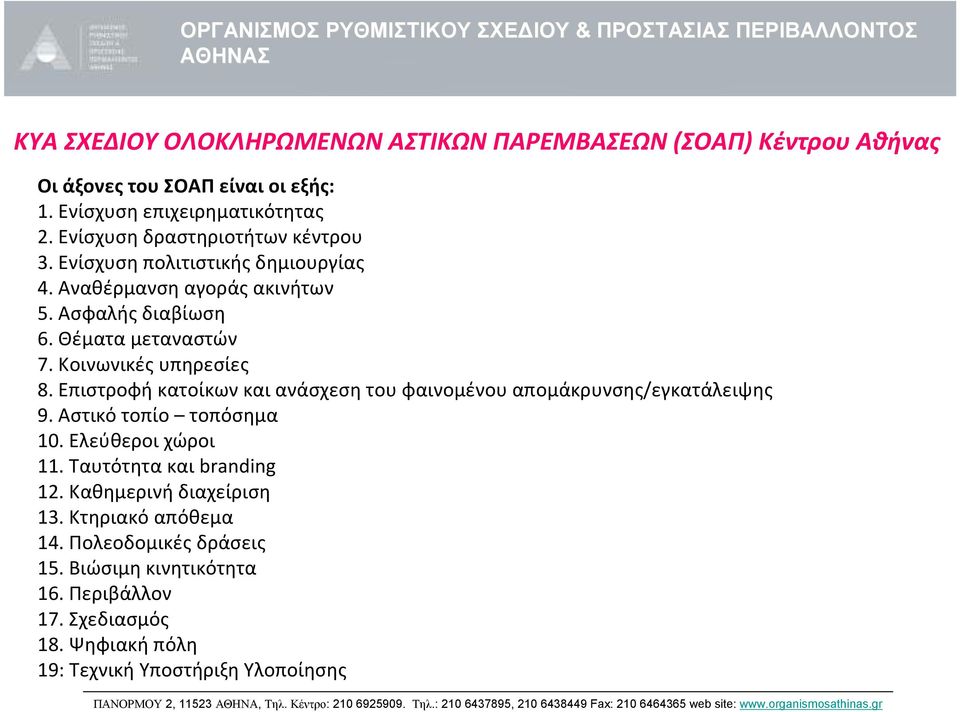 Κοινωνικές υπηρεσίες 8. Επιστροφή κατοίκων και ανάσχεση του φαινομένου απομάκρυνσης/εγκατάλειψης 9. Αστικό τοπίο τοπόσημα 10. Ελεύθεροι χώροι 11.