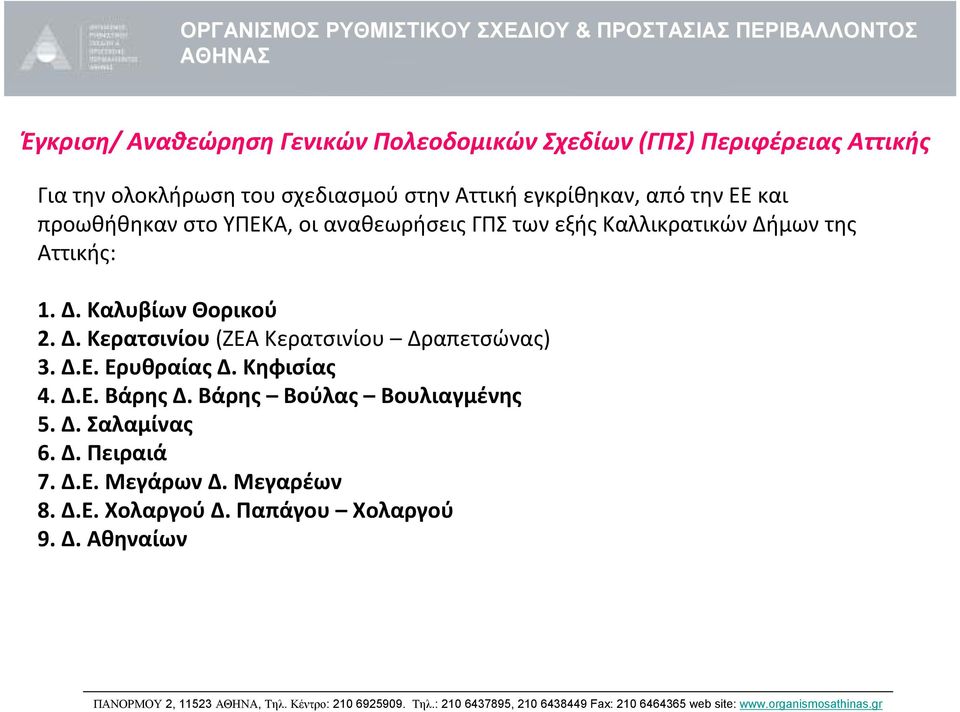 Δ. Κερατσινίου(ΖΕΑ Κερατσινίου Δραπετσώνας) 3. Δ.Ε. Ερυθραίας Δ. Κηφισίας 4. Δ.E.ΒάρηςΔ. Βάρης Βούλας Βουλιαγμένης 5. Δ. Σαλαμίνας 6.