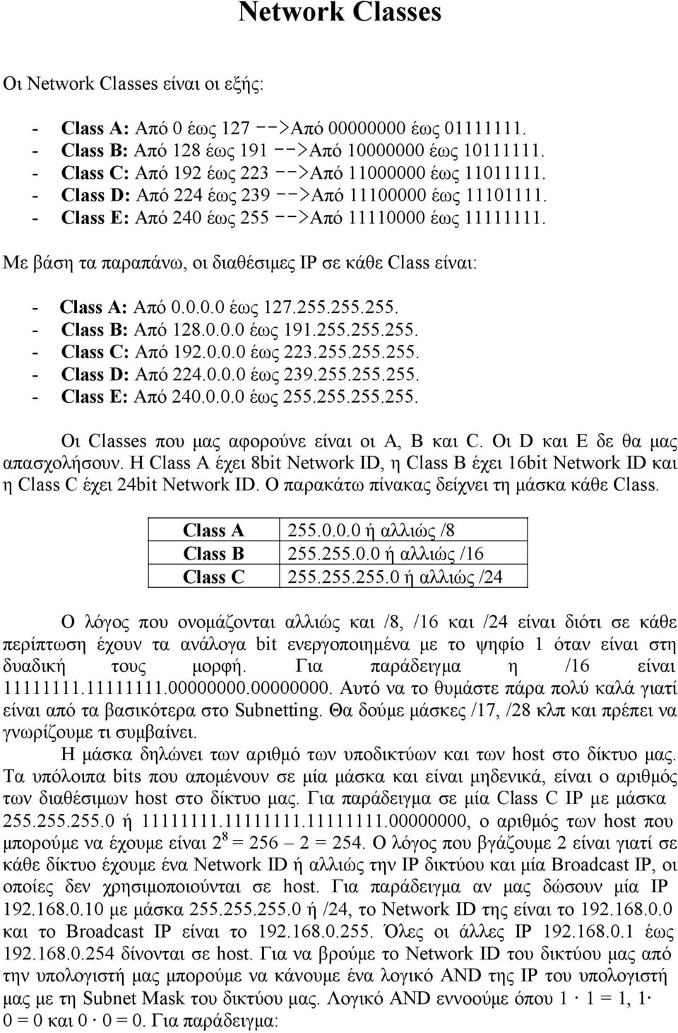 Με βάση τα παραπάνω, οι διαθέσιμες IP σε κάθε Class είναι: - Class A: Από 0.0.0.0 έως 127.255.255.255. - Class B: Από 128.0.0.0 έως 191.255.255.255. - Class C: Από 192.0.0.0 έως 223.255.255.255. - Class D: Από 224.