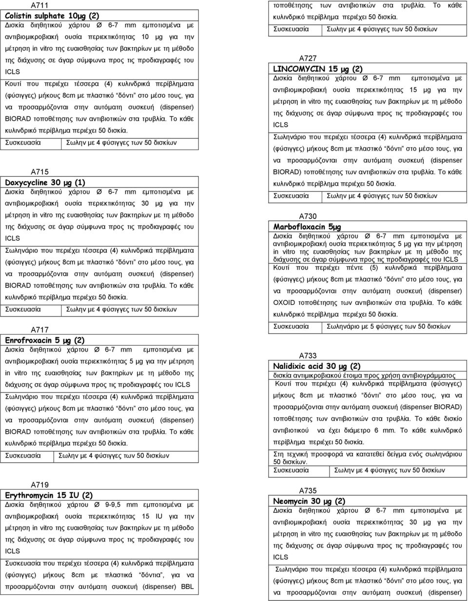 προς τις προδιαγραφές του A719 Erythromycin 15 IU (2) αντιβιομικροβιακή ουσία περιεκτικότητας 15 IU για την που περιέχει τέσσερα (4) κυλινδρικά περίβληματα προσαρμόζονται στην αυτόματη συσκευή