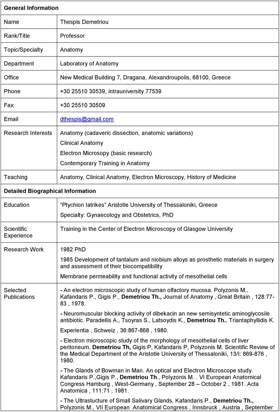 com Anatomy (cadaveric dissection, anatomic variations) Clinical Anatomy Electron Microsopy (basic research) Contemporary Training in Anatomy Anatomy, Clinical Anatomy, Electron Microscopy, History