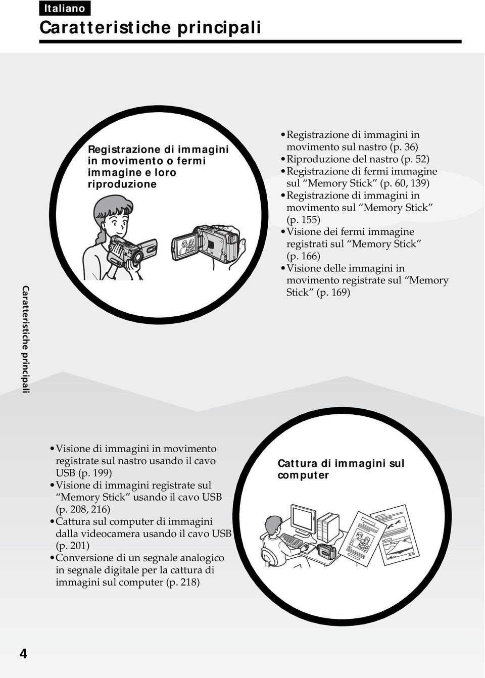 155) Visione dei fermi immagine registrati sul Memory Stick (p. 166) Visione delle immagini in movimento registrate sul Memory Stick (p.