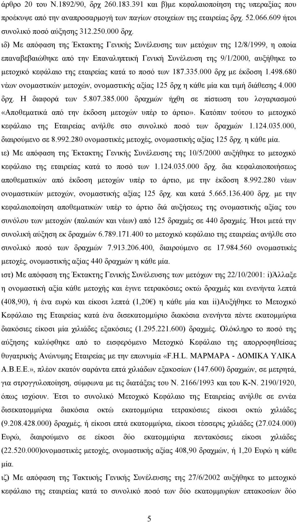 ιδ) Με απόφαση της Έκτακτης Γενικής Συνέλευσης των μετόχων της 12/8/1999, η οποία επαναβεβαιώθηκε από την Επαναληπτική Γενική Συνέλευση της 9/1/2000, αυξήθηκε το μετοχικό κεφάλαιο της εταιρείας κατά