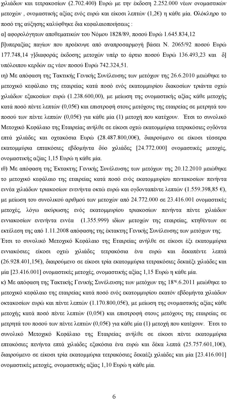 2065/92 ποσού Ευρώ 177.748,14 γ]διαφοράς έκδοσης μετοχών υπέρ το άρτιο ποσού Ευρώ 136.493,23 και δ] υπόλοιπου κερδών εις νέον ποσού Ευρώ 742.324,51.