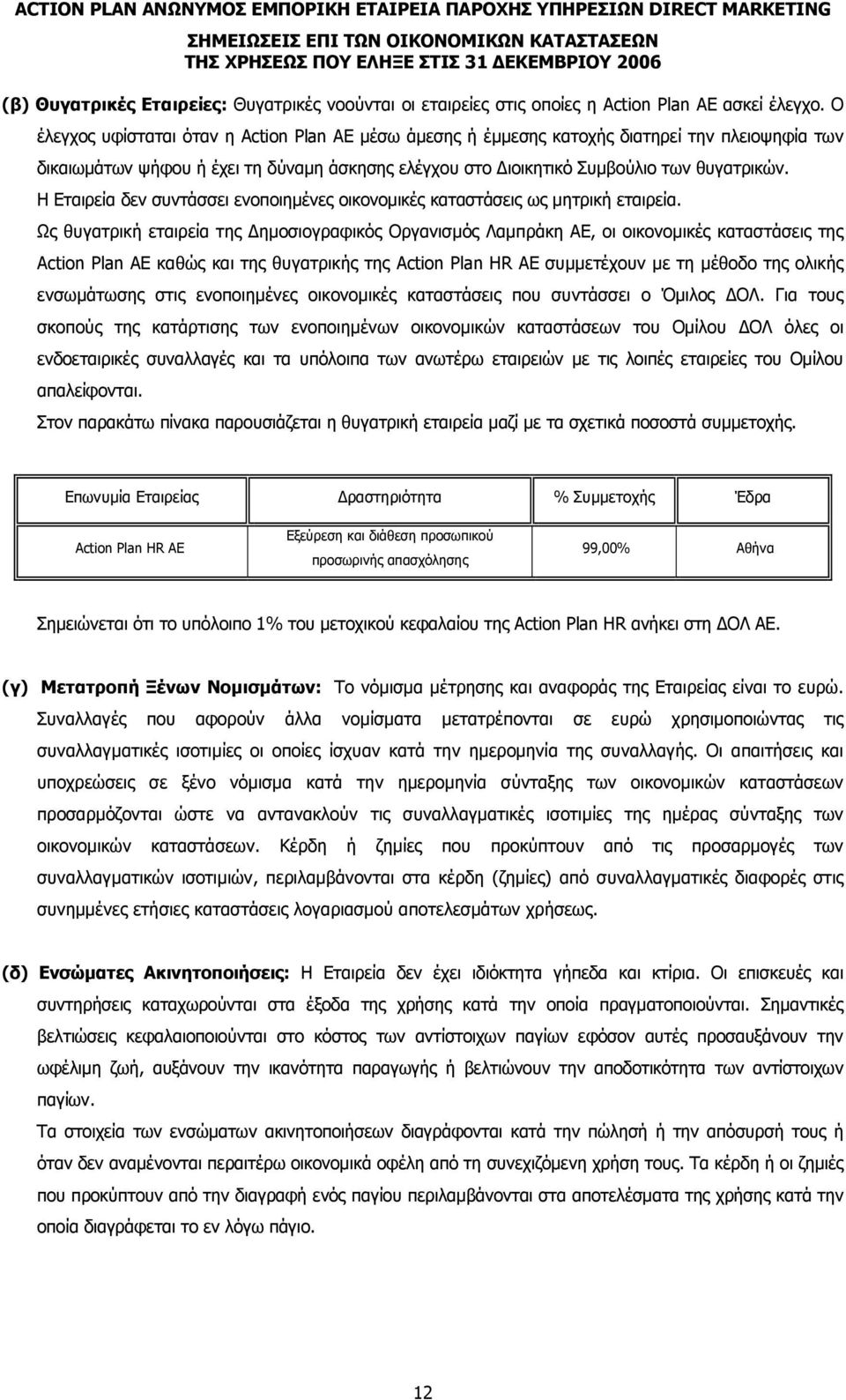 Η Εταιρεία δεν συντάσσει ενοποιηµένες οικονοµικές καταστάσεις ως µητρική εταιρεία.