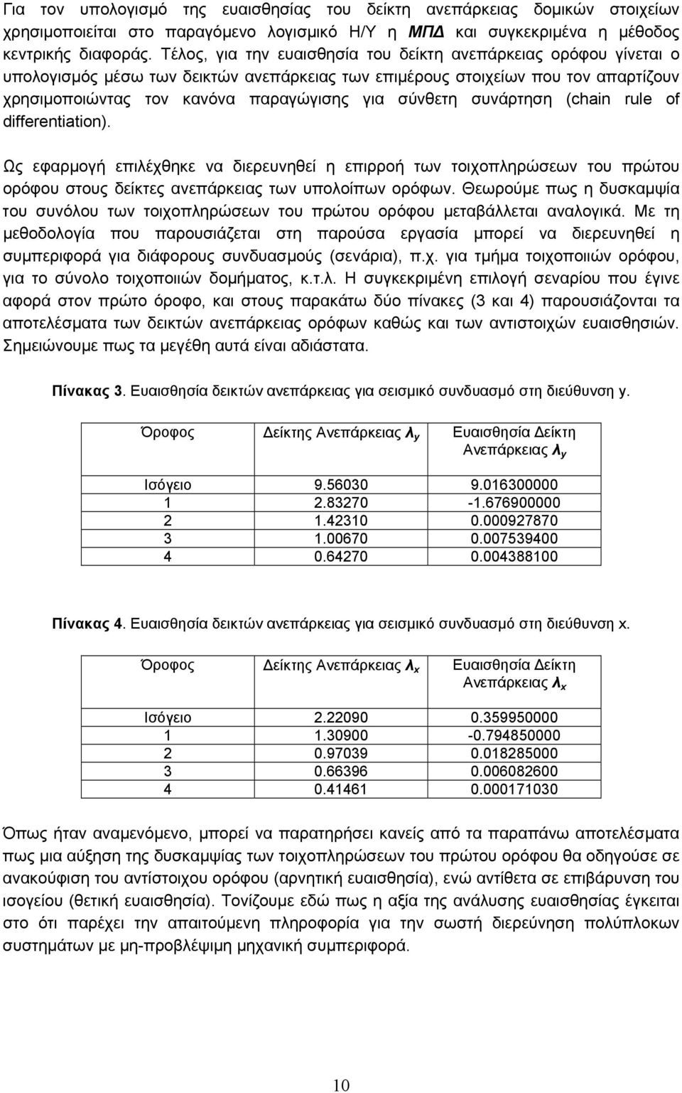 σύνθετη συνάρτηση (chan rule of dfferentaton). Ως εφαρμογή επιλέχθηκε να διερευνηθεί η επιρροή των τοιχοπληρώσεων του πρώτου ορόφου στους δείκτες ανεπάρκειας των υπολοίπων ορόφων.