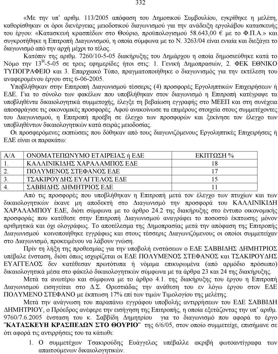 Θούριο, προϋπολογισμού 58.643,00 με το Φ.Π.Α.» και συγκροτήθηκε η Επιτροπή Διαγωνισμού, η οποία σύμφωνα με το Ν. 3263/04 είναι ενιαία και διεξάγει το διαγωνισμό από την αρχή μέχρι το τέλος.