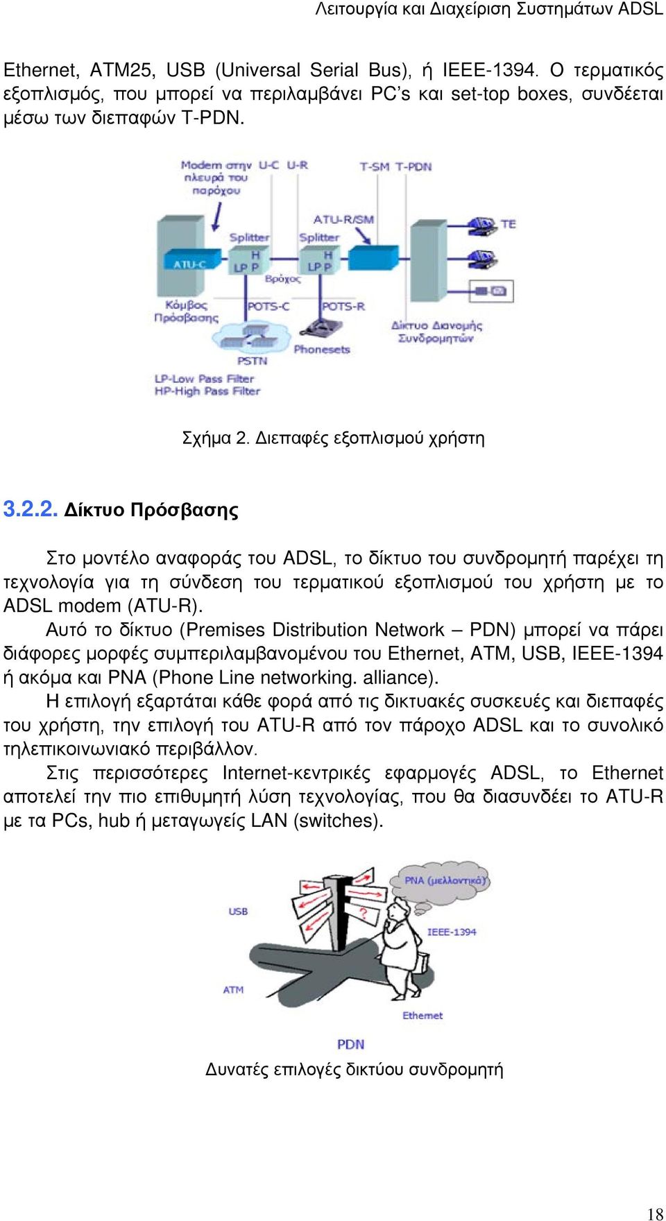 2. Δίκτυο Πρόσβασης Στο μοντέλο αναφοράς του ADSL, το δίκτυο του συνδρομητή παρέχει τη τεχνολογία για τη σύνδεση του τερματικού εξοπλισμού του χρήστη με το ADSL modem (ATU-R).