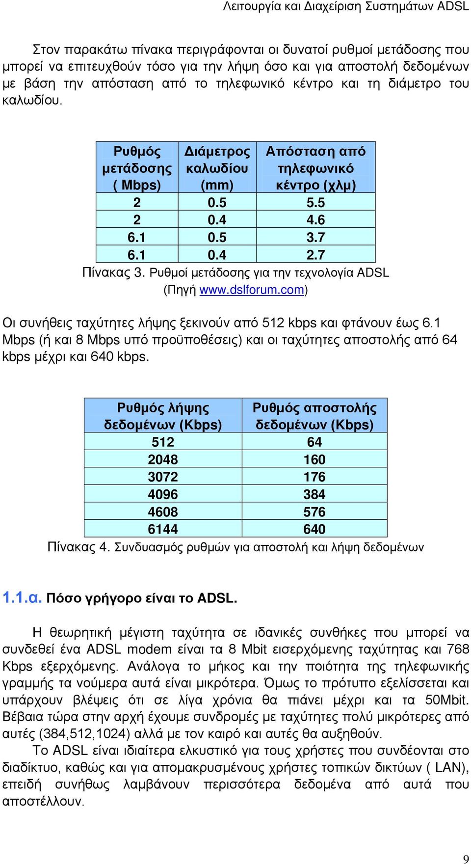 Ρυθμοί μετάδοσης για την τεχνολογία ADSL (Πηγή www.dslforum.com) Οι συνήθεις ταχύτητες λήψης ξεκινούν από 512 kbps και φτάνουν έως 6.