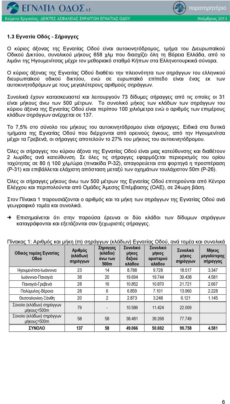 Ο κύριος άξονας της Εγνατίας Οδού διαθέτει την πλειονότητα των σηράγγων του ελληνικού διευρωπαϊκού οδικού δικτύου, ενώ σε ευρωπαϊκό επίπεδο είναι ένας εκ των αυτοκινητοδρόμων με τους μεγαλύτερους