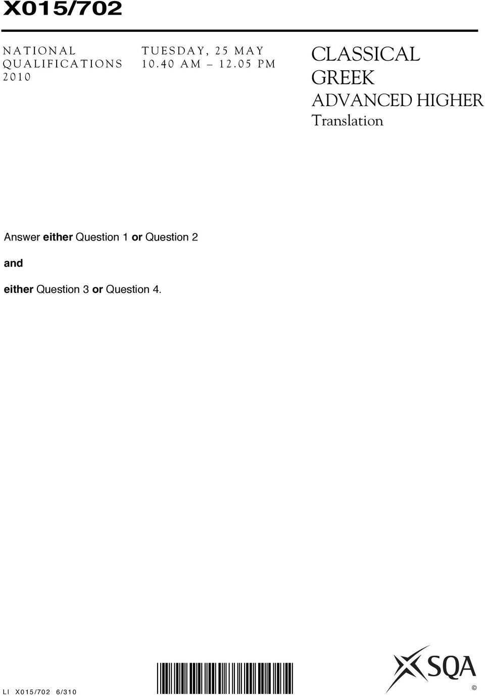 05 PM GREEK ADVANCED HIGHER Translation Answer either