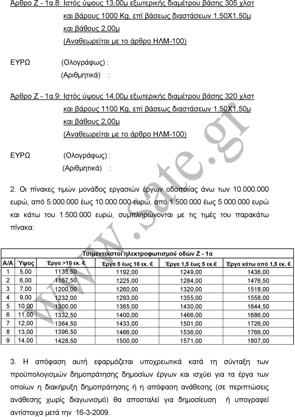 000 ευρώ, από 5.000.000 έως 10.000.000 ευρώ, από 1.500.000 έως 5.000.000 ευρώ και κάτω του 1.500.000 ευρώ, συµπληρώνονται µε τις τιµές του παρακάτω πίνακα: Τσιµεντοϊστοί ηλεκτροφωτισµού οδών Ζ - 1α Α/Α Ύψος Έργα >10 εκ.