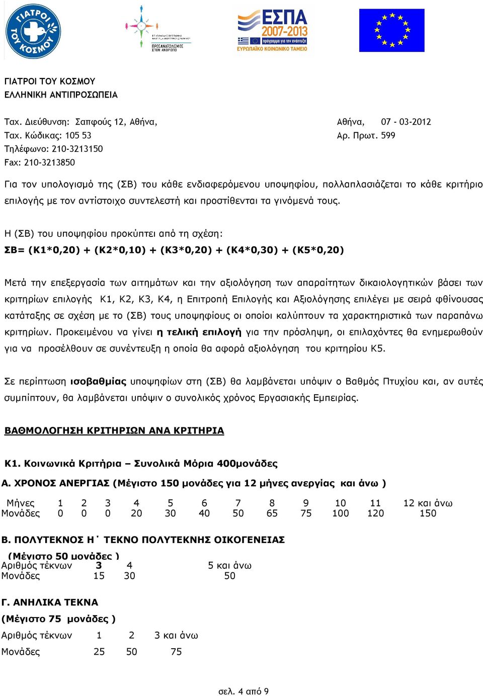 των κριτηρίων επιλογής Κ1, Κ2, Κ3, Κ4, η Επιτροπή Επιλογής και Αξιολόγησης επιλέγει µε σειρά φθίνουσας κατάταξης σε σχέση µε το (ΣΒ) τους υποψηφίους οι οποίοι καλύπτουν τα χαρακτηριστικά των παραπάνω