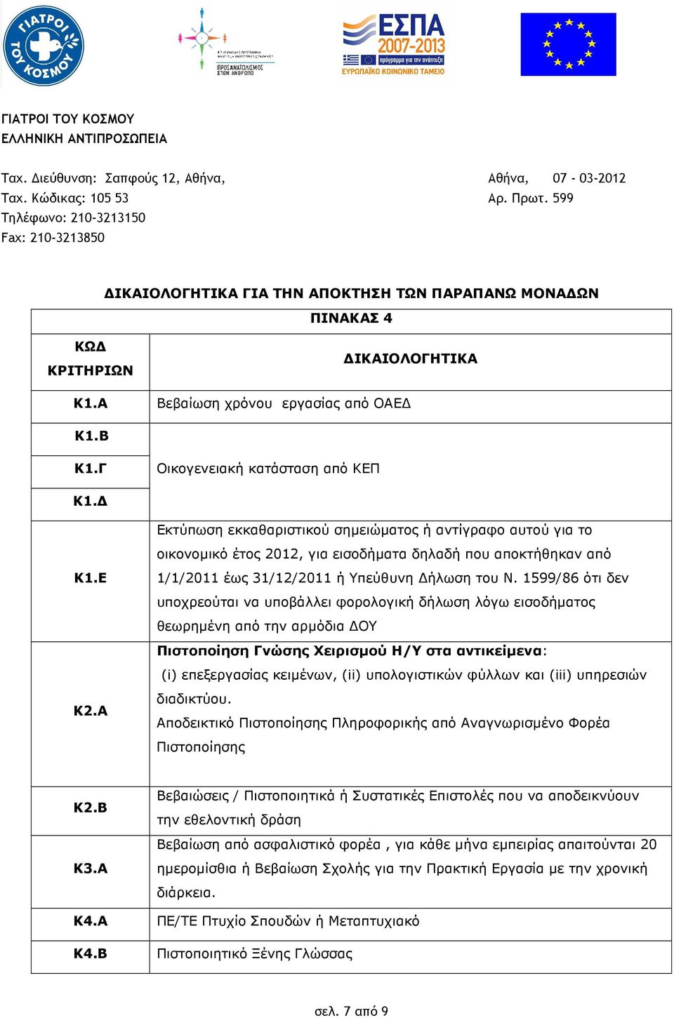 1599/86 ότι δεν υποχρεούται να υποβάλλει φορολογική δήλωση λόγω εισοδήµατος θεωρηµένη από την αρµόδια ΟΥ Πιστοποίηση Γνώσης Χειρισµού Η/Υ στα αντικείµενα: (i) επεξεργασίας κειµένων, (ii)