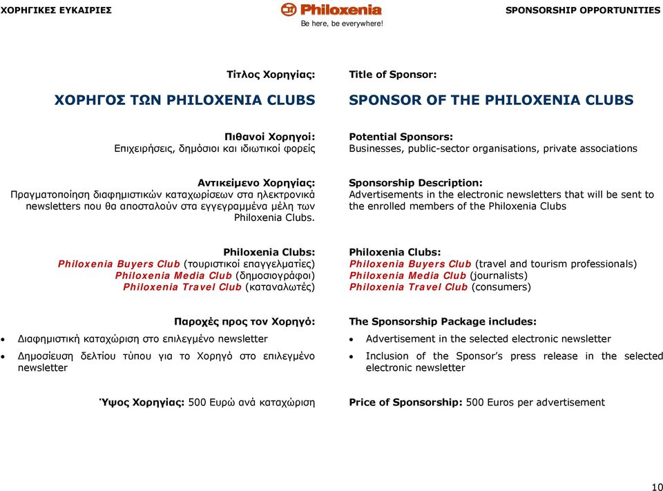 Sponsorship Description: Advertisements in the electronic newsletters that will be sent to the enrolled members of the Philoxenia Clubs Philoxenia Clubs: Philoxenia Buyers Club (τουριστικοί