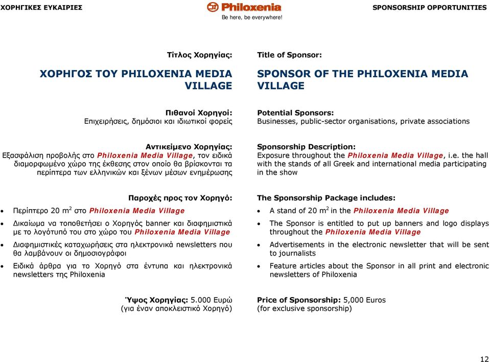 Description: Exposure throughout the Philoxenia Media Village, i.e. the hall with the stands of all Greek and international media participating in the show Περίπτερο 20 m 2 στο Philoxenia Media