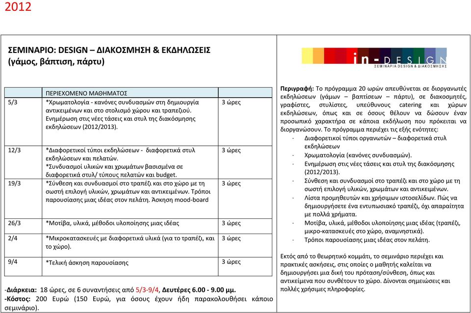*Συνδυασμοί υλικών και χρωμάτων βασισμένα σε διαφορετικά στυλ/ τύπους πελατών και budget. 19/3 *Σύνθεση και συνδυασμοί στο τραπέζι και στο χώρο με τη σωστή επιλογή υλικών, χρωμάτων και αντικειμένων.