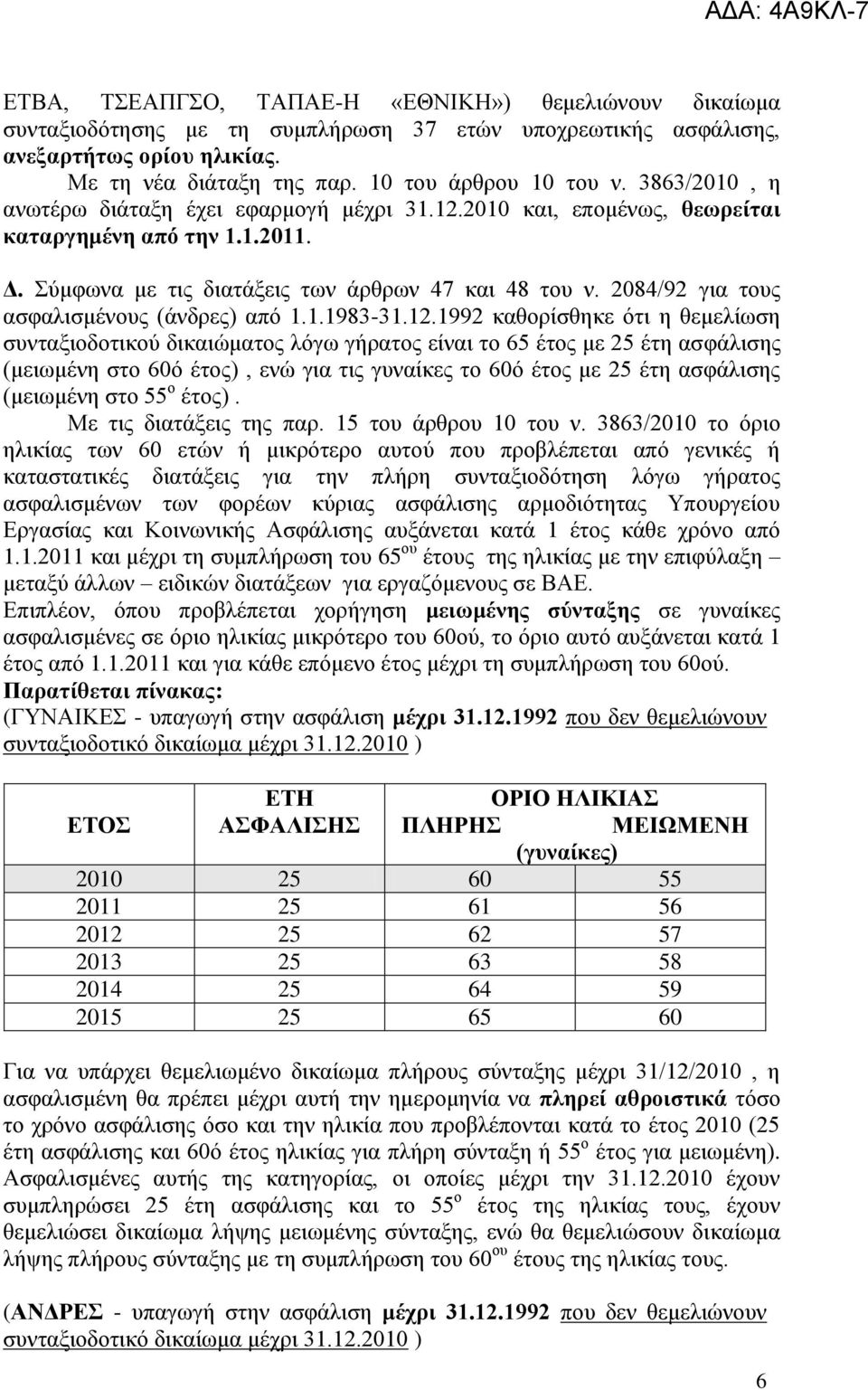 2084/92 γηα ηνπο αζθαιηζκέλνπο (άλδξεο) απφ 1.1.1983-31.12.