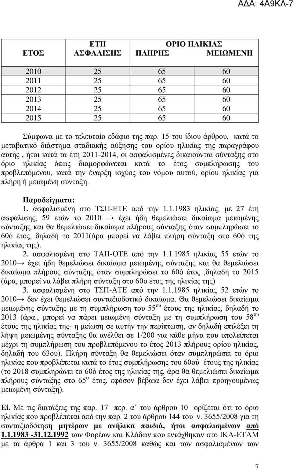 δηακνξθψλεηαη θαηά ην έηνο ζπκπιήξσζεο ηνπ πξνβιεπφκελνπ, θαηά ηελ έλαξμε ηζρχνο ηνπ λφκνπ απηνχ, νξίνπ ειηθίαο γηα πιήξε ή κεησκέλε ζχληαμε. Παξαδείγκαηα: 1.