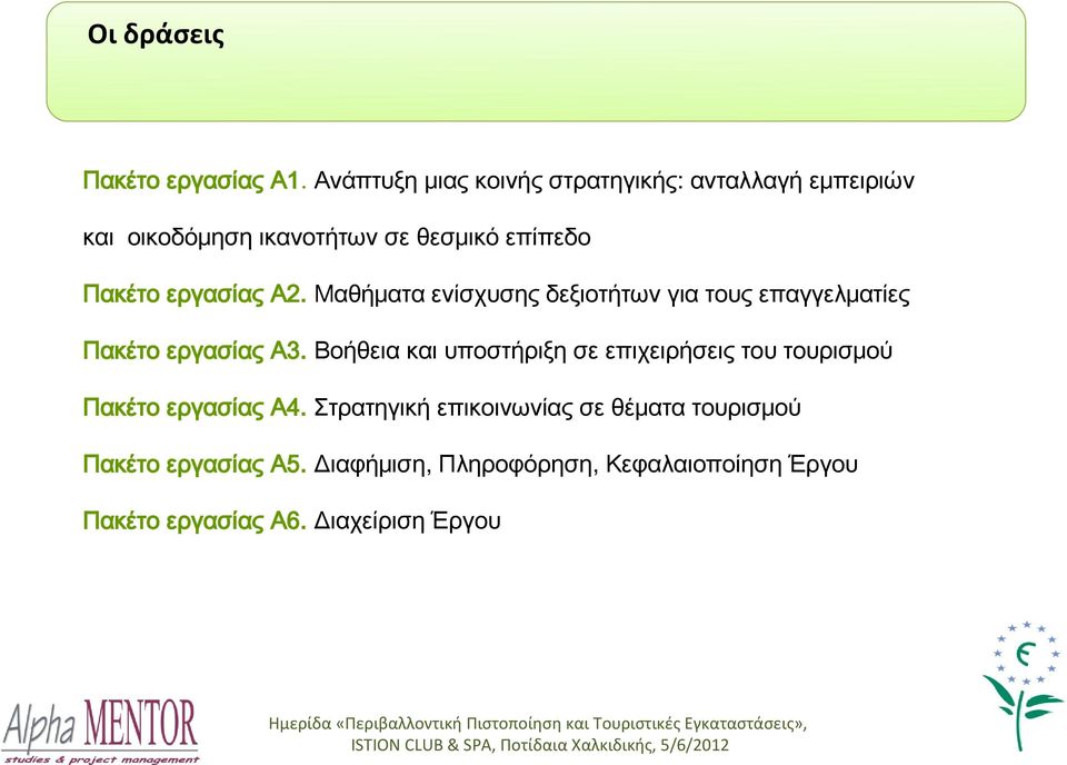 Μαθήματα ενίσχυσης δεξιοτήτων για τους επαγγελματίες Πακέτο εργασίας A3.