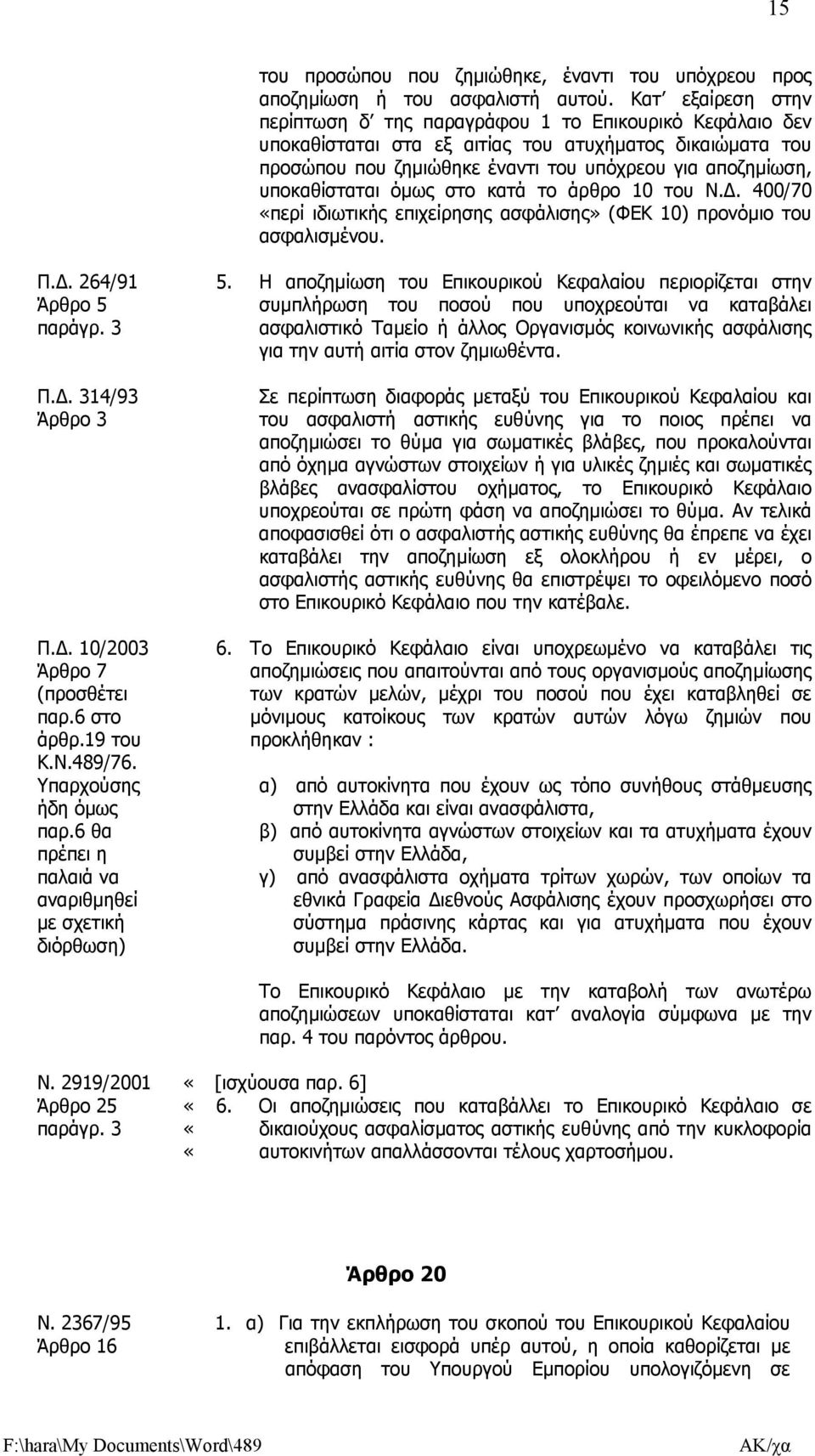 υποκαθίσταται όµως στο κατά το άρθρο 10 του Ν.. 400/70 περί ιδιωτικής επιχείρησης ασφάλισης» (ΦΕΚ 10) προνόµιο του ασφαλισµένου. Π.. 264/91 Άρθρο 5 παράγρ. 3 Π.. 314/93 Άρθρο 3 Π.