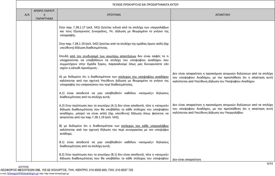 Επειδ από τον συνδυασμό των ανωτέρω απαιτσεων δεν είναι σαφές το τι υποχρεούνται να υποβάλλουν τα στελέχη του υποψηφίου αναδόχου που συμμετέχουν στην Ομάδα Έργου, παρακαλούμε όπως μας διευκρινίσετε