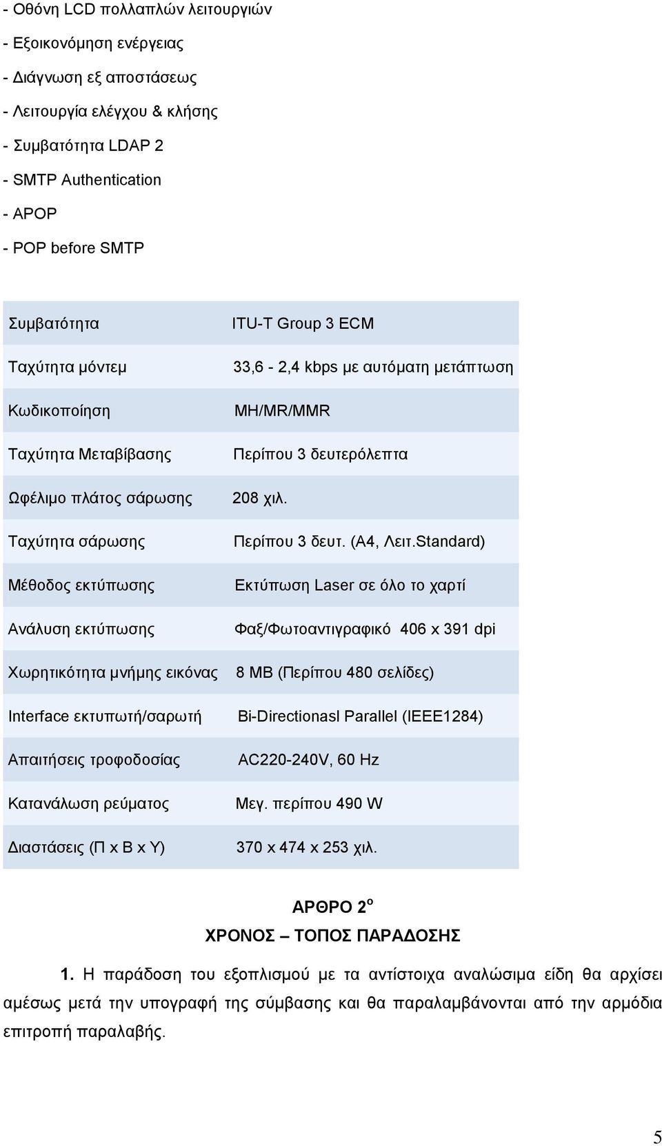 τροφοδοσίας Κατανάλωση ρεύματος Διαστάσεις (Π x Β x Υ) ITU-T Group 3 ECM 33,6-2,4 kbps με αυτόματη μετάπτωση ΜΗ/MR/MMR Περίπου 3 δευτερόλεπτα 208 χιλ. Περίπου 3 δευτ. (Α4, Λειτ.